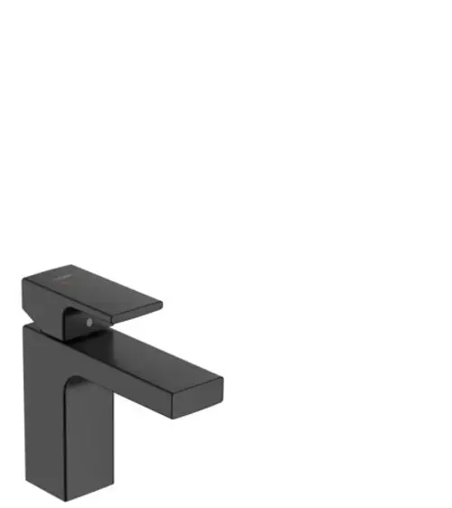Schwarzer Einhebel-Waschtischmischer von Hansgrohe mit klaren Linien, isolierter Wasserführung und Zugstangen-Ablaufgarnitur im minimalistischen Design.